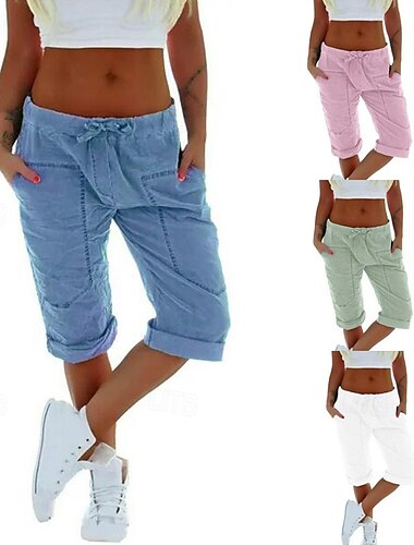  Mujer Pantalones Capri Pantalones de lino y algodón pantalones Ropa de calle Casual Medio corto Cintura Media Plano Bolsillo Diseño de cordón elástico Confortable Al Aire Libre Cómodo Exterior