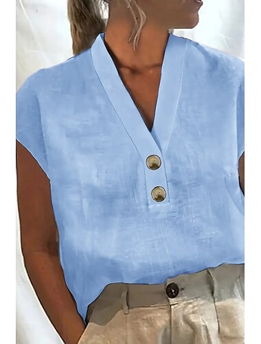  Dames Katoenen linnen overhemden Katoenen linnen overhemd Blouse Effen Basic Modern Casual Korte mouw V-hals Normale tops Feestdagen Uitgaan Knop Wit Blozend Roze Groen Licht Blauw Zomer