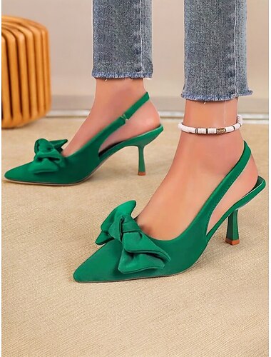  scarpe con cinturino posteriore e tacco a gattino con fiocco verde – eleganti scarpe con punta affilata per appuntamenti serali e tacchi casual per le donne