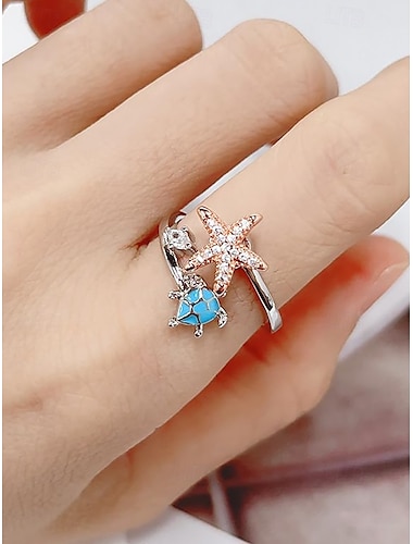  bague étoile de mer et tortue de mer réglable – bague en cristal rotative sur le thème de l'océan, bijoux de plage en argent et or rose pour femmes et filles, accessoire d'été élégant pour les vacances et les cadeaux