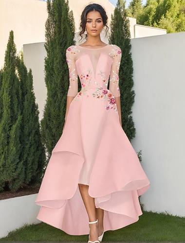  Linea ad A Lunghezza Tè Perline ricamate Abito Formale Abito da madre della sposa Abiti da Cocktail Abiti da festa Elegante Vintage Stile Celebrità Manica 3/4 Girocollo Matrimonio Formale Vestito Rosa