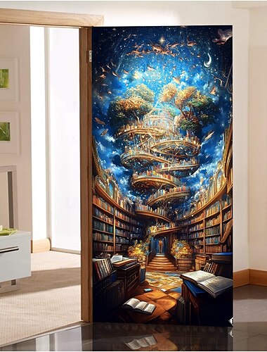  Fantasy Bücherregale Türdekorationen Türabdeckungen Tür Wandteppich Türvorhang Dekoration Hintergrund Innen/Außen Türbanner für Haustür Bauernhaus