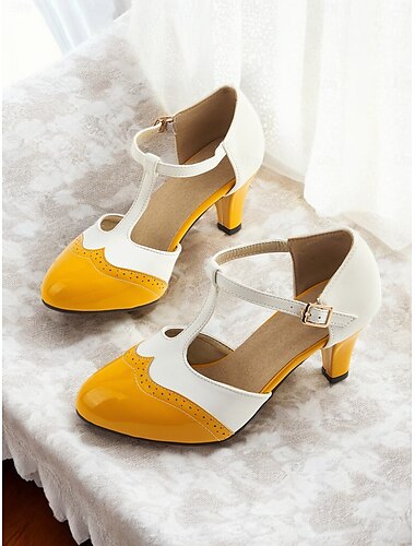  Zapatos Mary Jane con tiras en T de estilo vintage de los años 50 para mujer: zapatos de tacón bajo con diseño brogue de dos tonos para fiestas retro, ropa de oficina y ocasiones especiales