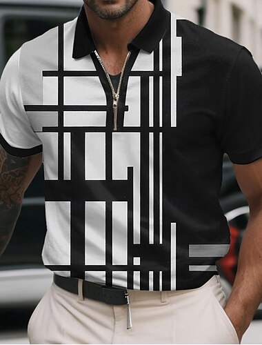  Hombre Geométrico Línea Camisetas polo con cremallera Manga Corta Camisas de polo Camisas con cuello Informal de negocios Negocio Ropa Deportiva Usar para trabajar Ropa Cotidiana Impresión 3D Verano