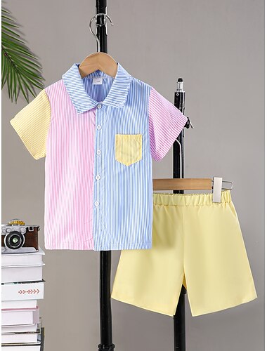  2 delar Småbarn Pojkar T-shirt och shorts Utrusta Rand Kortärmad Lappverk Uppsättning Skola Neutral Mode Sommar 4-7 år Flerfärgad