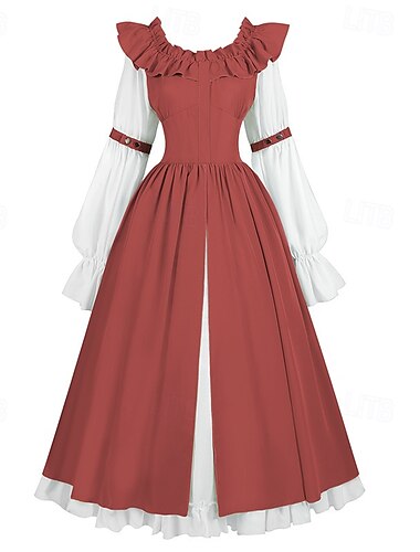  Retro Vintage Medieval Renaissance Midi Dress Puff Sleeve Viking Celtic Knight Elven Lace up Women's Celtic Halloween Carnival Vacation Party LARP Adults' Dress