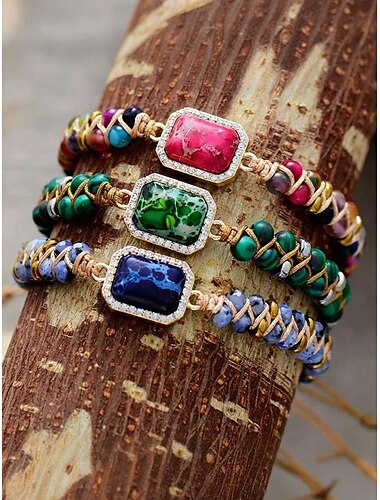  Bracelet en pierre naturelle colorée fait main – bracelet bohème en perles avec breloque en strass, bijoux de mode réglables pour femmes, parfait pour les cadeaux, les fêtes et les tenues décontractées