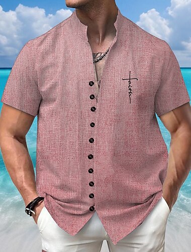  Herren Mit Buchstaben bedruckt Glaube Hemd Sommer Hawaiihemd Stehkragenhemd Kurze Ärmel Hawaiianisch Urlaub Strandbekleidung Mandarinkragen Großvaterkragen Knopf hoch 3D-Druck Leinenähnliches Hemd