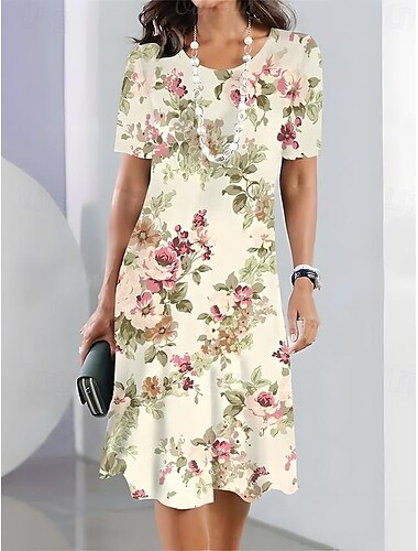  dames casual jurk bloemenprint ronde hals midi jurk stijlvol casual dagelijks date korte mouw zomer