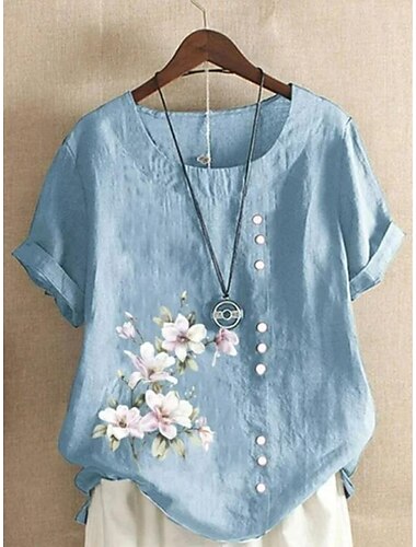  Chemisier féminin blouse florale graphique feuille élégante quotidienne plage à manches courtes col rond tops réguliers quotidien vacances imprimé lin-like bleu marine bleu-vert bleu clair été