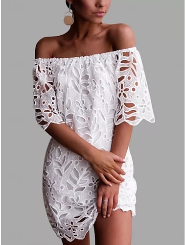  Damen Mini Kleid Shiftkleid Sommerkleid Einfarbig Off-Shoulder Kleid Urlaub Lässig Alltag Regelmäßige Passform Grafik Halbärmel Off-Shoulder Weiß Sommer