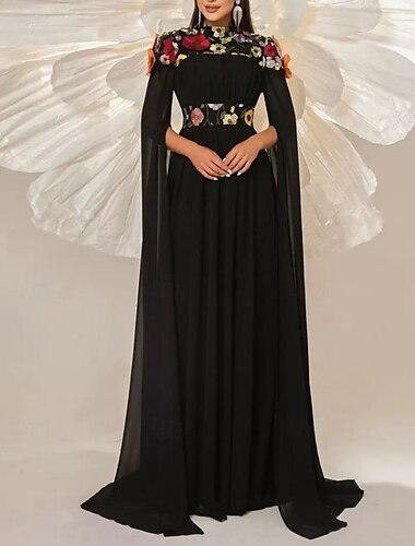  Schlauchkleid Kleider für Hochzeitsgäste Elegant Kleid Hochzeit Schwarze-Krawatte-Gala Bodenlange Schleppe Langarm Schulterfrei Gürtel / Schärpe Chiffon mit Gerafft Stickerei Applikationen 2025