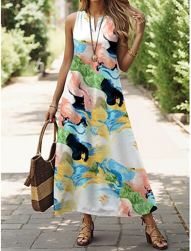  Frauen Maxi Kleid A-Linie Kleid Sommer Kleid Urlaub Lässig Urlaub Alltag Reguläre Passform Grafik Geometrisch Ärmellos V-Ausschnitt Grün Sommer