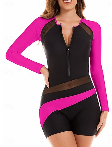  Damen Badeanzüge Einteiler Badeanzug Rückenfrei Bauchkontrolle Hohe Taille Slim Urlaub Strandmode Farbblock Hoher Kragen Langärmelige Bademode