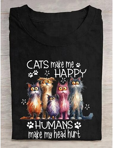  Damen T Shirt Grafik Buchstabe Stilvoll Lässig Kurzarm Rundhals Normale Oberteile Täglich Wochenende Druck Schwarz Weiß Blau Purpur Sommer Frühling Cat Funny Slang