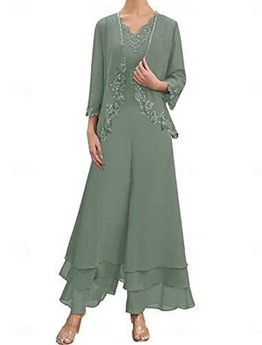  Kleid-Sets Brautmutterkleid Hochzeitsgast Elegant Einfach V Ausschnitt Bodenlang Polyester Langarm mit Stickerei 2025