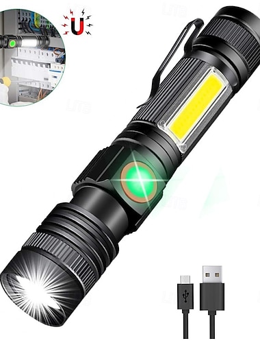  Linterna LED magnética recargable con luz lateral COB, 1200 lúmenes, LED superbrillante, impermeable, con zoom, 4 modos, la mejor linterna para acampar.