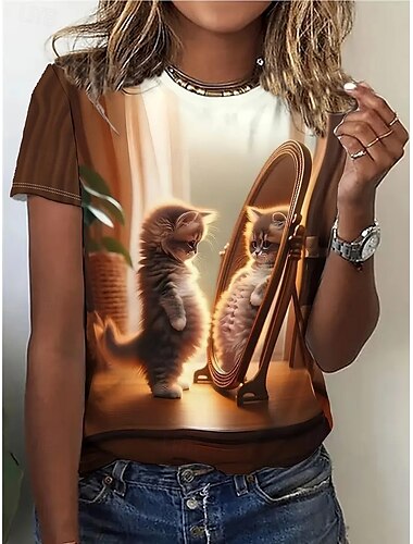  Damen T Shirt Sommeroberteile Grafik Katze Klassisch Lässig Kurzarm Rundhalsausschnitt Crop Tops Täglich Wochenende Druck Regenbogen Sommer Frühling Herbst