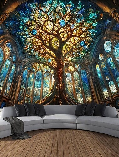  Tenture arbre de vie Tapisserie murale Art Grande tapisserie Décor Mur photographique Couverture Rideau Maison Chambre Salon Décoration Cathédrale vitrail