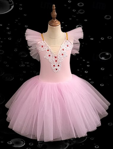  Tutu Kleid Kleid Strass Spitze Stickerei Mädchen Leistung Training Ärmellos Hoch Netzstoff Spandex