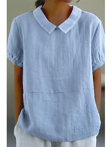  Dames Overhemd Linnen overhemd Blouse Katoenen linnen overhemden Effen Dagelijks Basic Casual Korte mouw Overhemdkraag Normale tops Dagelijks Uitgaan Met ruches Wit Marineblauw blauw Zomer