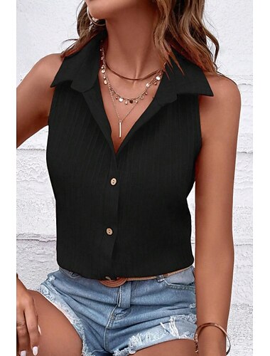  Dame Skjorte Bluse Vanlig Moderne Uden ærmer Krave Almindelige toppe Ferie I-byen-tøj Knapper Sort Sommer