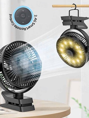  1 ventilador de camping para exteriores de 8 pulgadas que se puede colgar, sujetar y montar con una batería de gran capacidad, bajo nivel de ruido y velocidad del viento ajustable.