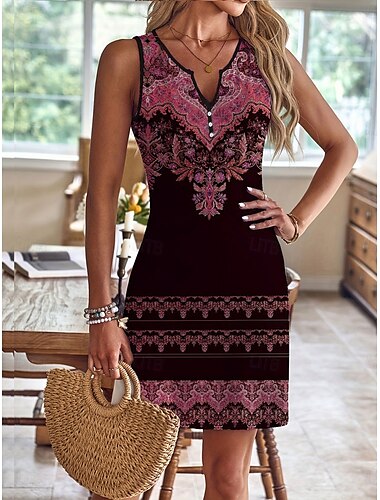  Damen Minikleid Freizeitkleid Trägerkleid Bohemien Vintage Ethnisch Urlaub Täglich Normale Passform Blumen Ärmellos Einkerbiger Ausschnitt Schwarz Rosa Blau Grün Sommer
