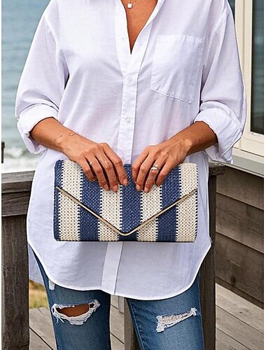  Cartera de mano tejida a rayas para mujer, con cadena, se puede llevar en un hombro o cruzada, moderna y versátil, adecuada para fiestas en la playa y uso diario, negro, rojo, caqui