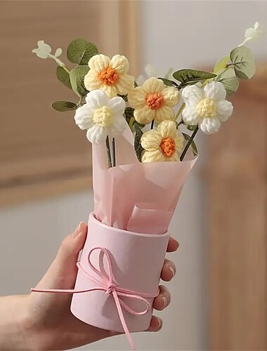  bouquet de fleurs artificielles en fil tissé à la main - 1 ensemble comprenant des fleurs en tissu tissé, un seau en plastique, du papier d'emballage et 5 fleurs au crochet en fil - convient pour les