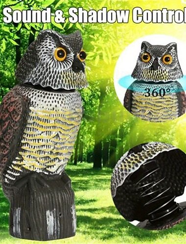  realistische nep-uilenlokvogel met schuddende kop voor tuin, tuin, buitenvogelafweermiddel, 360 graden rotatie, geen stroom nodig, ongediertebestrijdingssculptuur