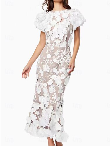 Robe en dentelle brodée florale sirène Élégante Robe de mariage Invité de mariage Longueur cheville Manches courtes Col rond