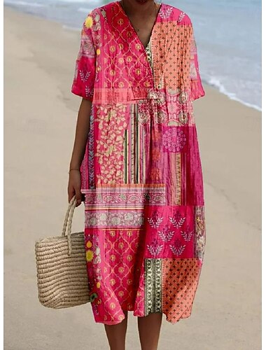 Femmes Robe Midi Robe d'Été Vacances Occasionnel Chaussures de plage Quotidien Sortir Coupe Ample Graphique Tribal Manche Courte Col en V Rose Claire Violet Vert Été