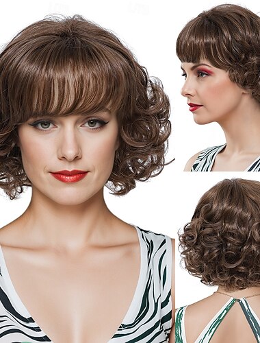  Synthetische Perücken Wellen Curly Webart Asymmetrischer Haarschnitt Gerader Pony Maschinell gefertigt Perücke 12 Zoll A1 Synthetische Haare Damen Klassisch Komfortabel Farbverläufe Schatten