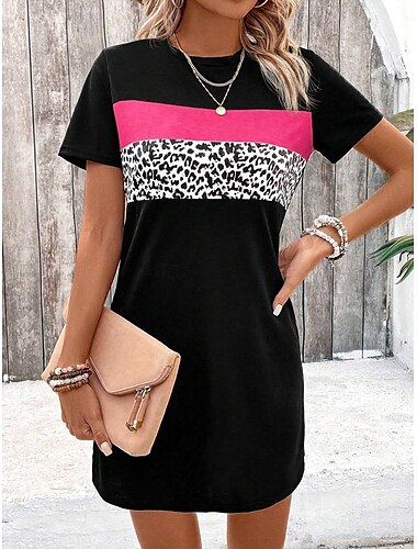 Damen Minikleid T-Shirt Kleid Teekleid Etuikleid Sommerkleid Leopard formelle Arbeit Regular Fit Rundhalsausschnitt Schwarz