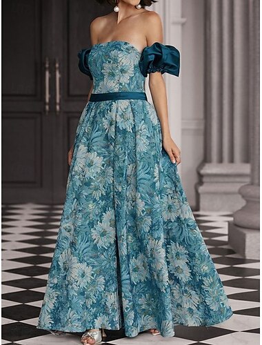 A-Linie Quinceanera Kleider Partykleid Hochzeit Hochzeitsgast Bodenlange Kurzarm Off-Shoulder Polyester Rückenfrei mit Blumenmuster Hochzeitsgastkleid 2025