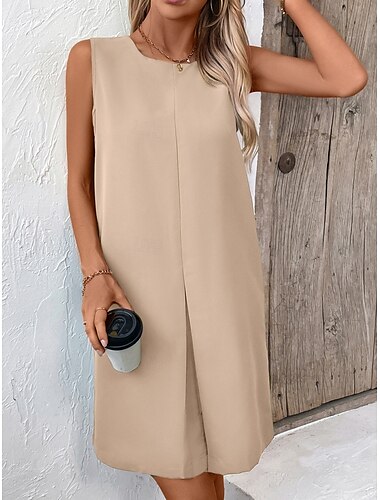  Damen Mini Kleid Petite Kleid T-Shirt Kleid Tee Kleid Einfarbig Shift Kleid Off The Shoulder Kleid Lässig Urlaub Alltag Reguläre Passform Grafik Ärmellos Rundhalsausschnitt Schwarz Rot Grün Beige