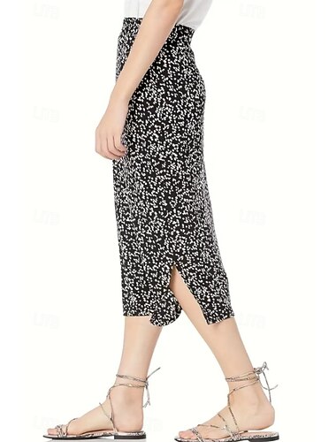  Damen Rock Lässig Midi Mittlere Hüfthöhe Röcke Blumen Druck Mikroelastisch Urlaub Ausgehen Schwarz Rotblond Sommer Polyester