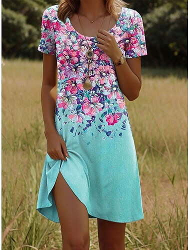  Damen Minikleid T-Shirt-Kleid A Linie Kleid Sommerkleid Lässig Täglich Normale Passform Blumen Grafik Kurzarm Rundhalsausschnitt Rosa Blau Grün Sommer Frühling