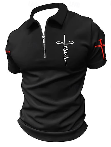  Pâques Homme Croix Polo à fermeture éclair Manche Courte Col Rabattu ancien Extérieur Athleisure Décontracté Quotidien Fermeture éclair Été Gris Noir Bleu Foncé