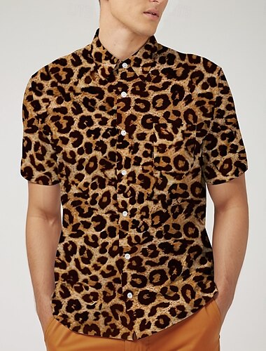  Retro Vintage Anos 70 Camisa Camisa Aloha Hippie Discoteca Animal Leopardo Homens Baile de Máscaras Férias Festa Parada do Orgulho Adulto Camisa