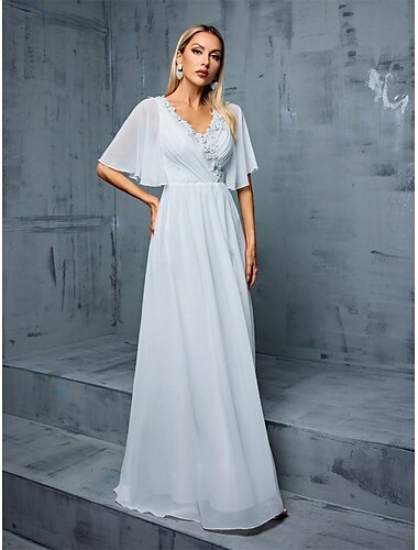  Kleid Brautmutterkleid Elegant V Ausschnitt Bodenlang Polyester Halbarm mit Einfarbig 2025