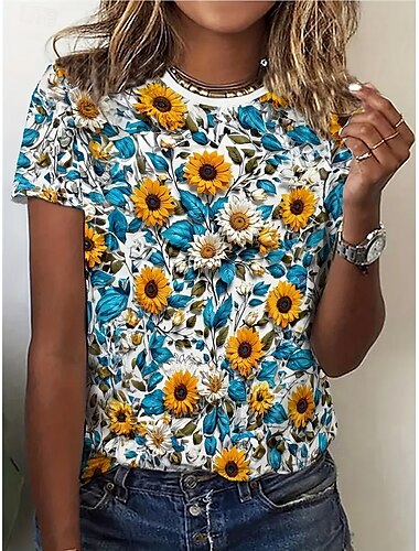  Damen T Shirt Sommeroberteile Blumen Grafik Klassisch Lässig Kurzarm Rundhalsausschnitt Crop Tops Täglich Wochenende Druck Regenbogen Sommer Frühling Herbst