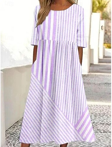  Damen Midikleid Sommerkleid Urlaub Lässig Strand Täglich Ferien Teegesellschaft Lässiger Schnitt Grafik Gestreift Halbarm Rundhalsausschnitt Rosa Blau Purpur Sommer