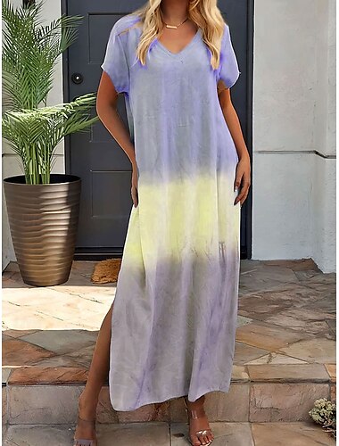  Damen Maxi Kleid Sommerkleid Urlaub Lässig Urlaub Alltag Regelmäßige Passform Ombre Grafik Kurze Ärmel V-Ausschnitt Gelb Blau Orange Sommer