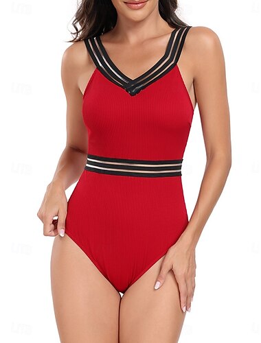  Damen Badeanzüge Eintöniger Monokini Badeanzug Rückenausschnitt Bauchkontrolle Hoher Taillen Slim Urlaub Strandmode Einfarbiger V-Ausschnitt Ärmellose Badesuits