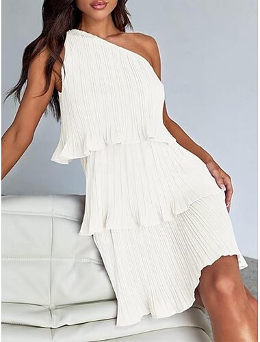  Damen Mini Kleid Rüschkleid Off-Shoulder Kleid Freizeit Urlaub Regulärer Fit Einfarbig Ärmellos Ein-Schulter Schwarz Weiß Rosa Rot Sommer