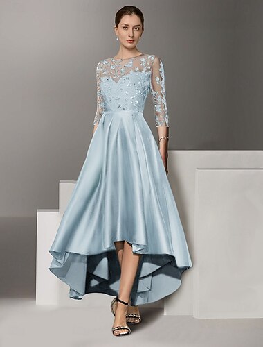  A-Linien-Kleid, elegantes, schlichtes Kleid für die Mutter der Braut, V-Ausschnitt, knöchellang, wadenlang, Satin, 3/4-Ärmel, mit Spitze, gerüschten Pailletten 2025