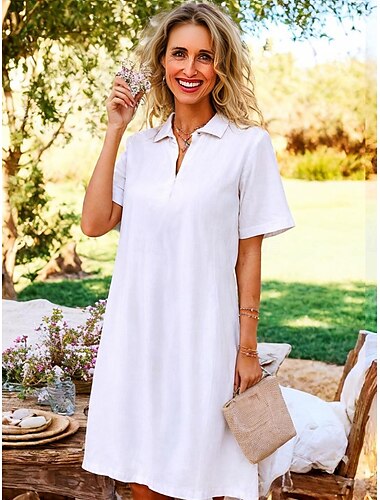  Robe Midi Femme Robe A Ligne Couleur Unie Vacances Décontracté Quotidien Rendez-vous Coupe Détendue Simple Manches Courtes Col Chemise Blanc Été
