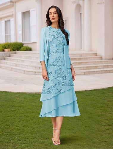  Conjunto de Duas Peças Vestido  Coluna Mãe da Noiva Vestido Bordado Elegante Simples Brilho e Brilho Decote Redondo Comprimento do Chá Renda Manga de 3/4 Jaqueta com Rendas